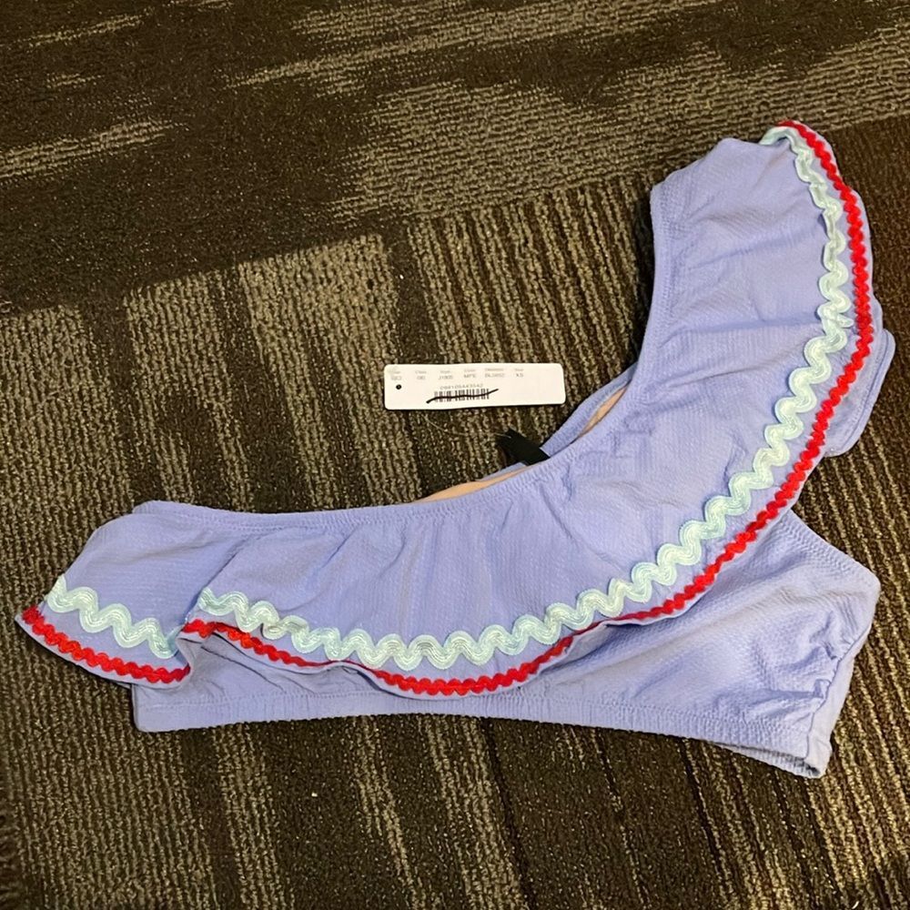 J. Crew One-shoulder bikini top with rickrack light blue red and mint rickrack
